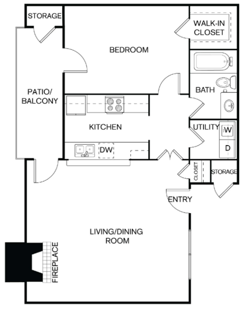A floor plan of a home with a living room, kitchen, patio, and bedroom.